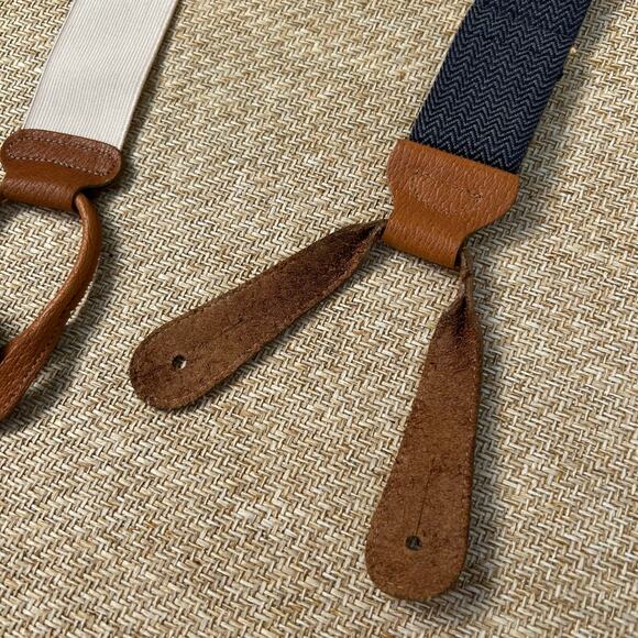 Trafalgar Suspenders Cream Navy Gray Leather Button On Braces USA Made - Picture 10 of 12